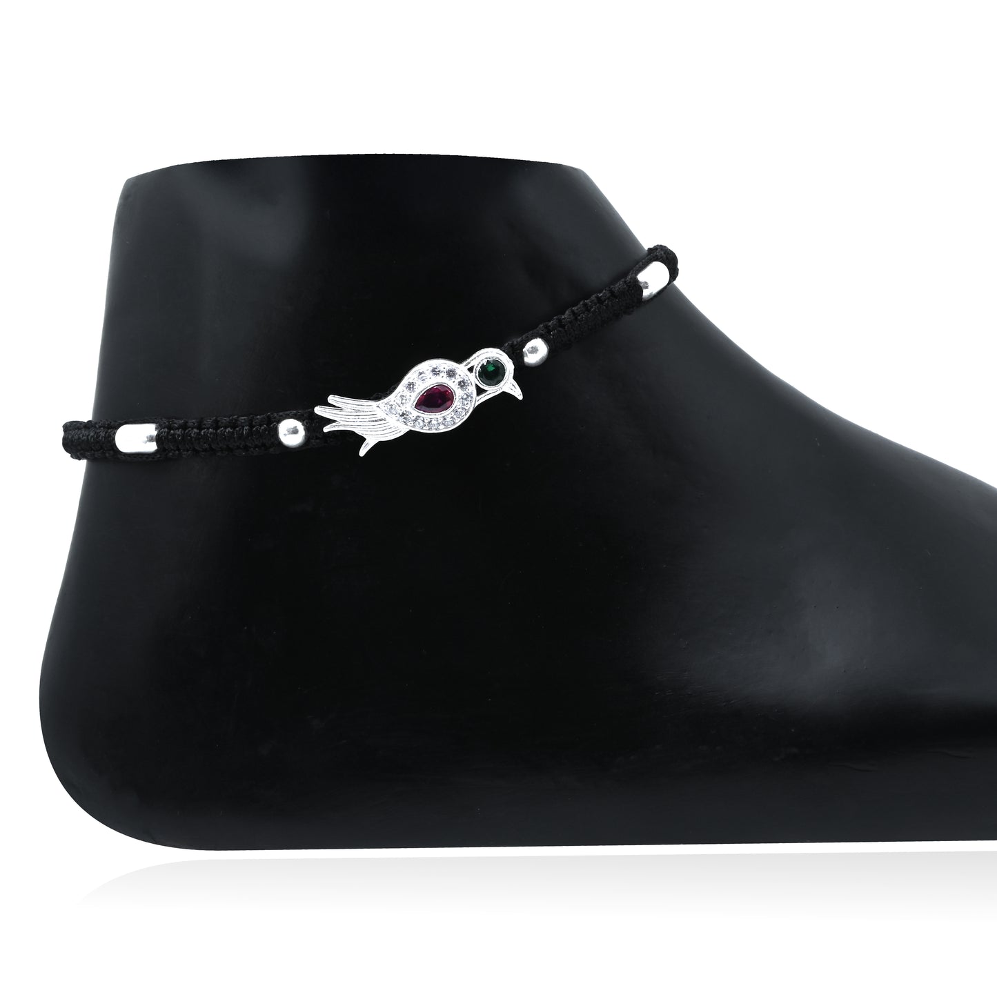 Elegant Silver Dhaga Anklet with Bird Motif and Red-Green Stones