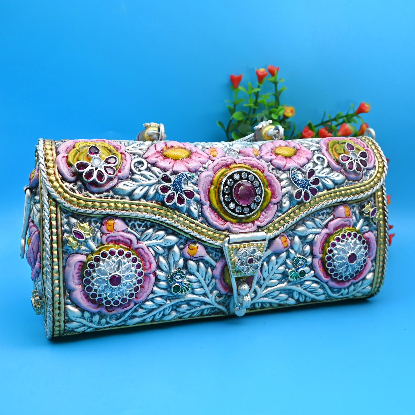 Silver Purse with Handmade Pink Flower Engraving for Ladies