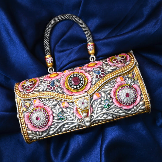 Silver Purse with Handmade Pink Flower Engraving for Ladies