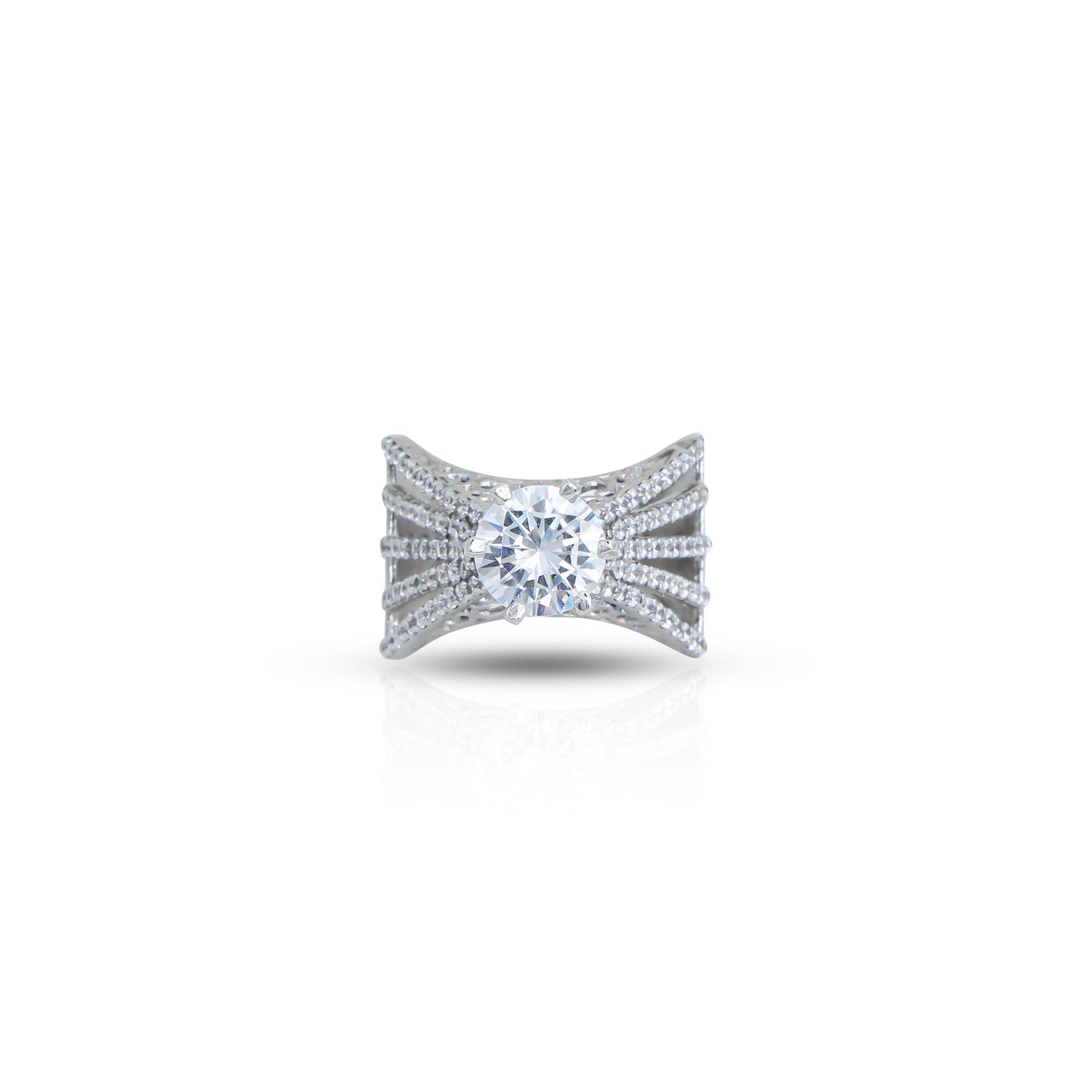 Elegant hand-crafted silver ring with a sparkling white center stone for a timeless style.