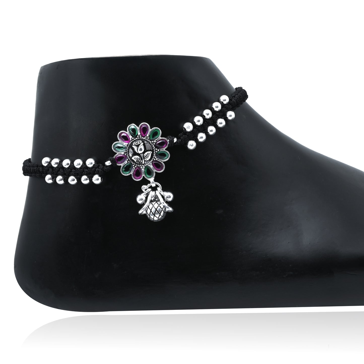 Stylish Silver Dhaga Anklet with Flower, Red-Green Stone Embellishments, Ghungroo