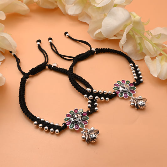 Stylish Silver Dhaga Anklet with Flower, Red-Green Stone Embellishments, Ghungroo