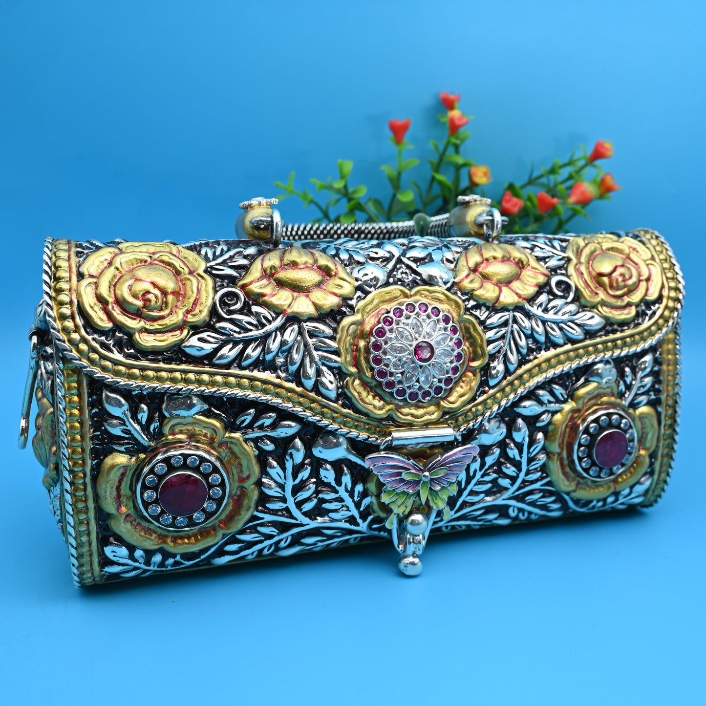Handcrafted Silver Purse with Gold Floral Engraving