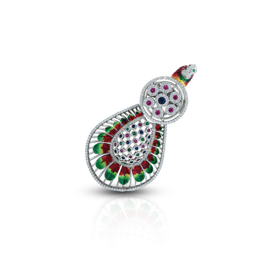 Elegant silver ring with peacock motif and colorful gemstone accents.