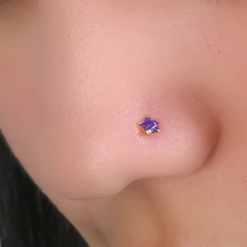 Gold Polish Nose Pin Featuring Purple Gemstone