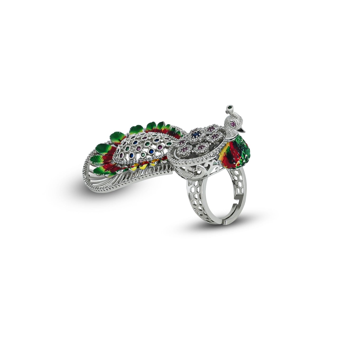 Charming silver peacock ring adorned with multi-color stones for added sparkle.