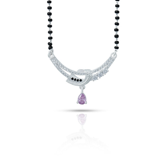 Elegant silver mangalsutra with black beads and a striking purple gemstone