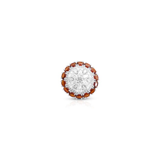 Elegant silver ring featuring a floral design with orange gemstone accents for women.