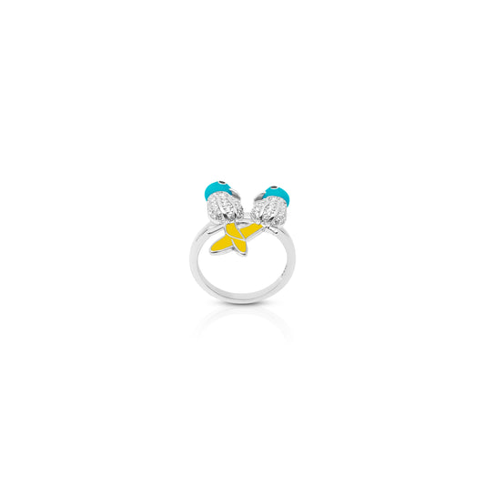 Romantic Silver Ring with Two Birds With yellow Tail, Symbolizing Love & Togetherness