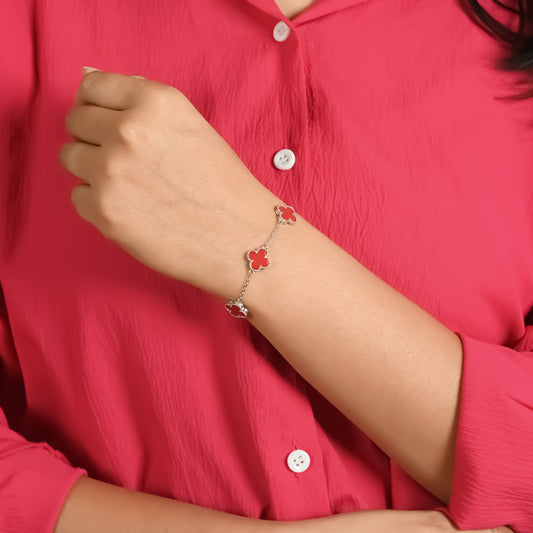 Stylish Silver Bracelet with Red Flower Bud Embellishment