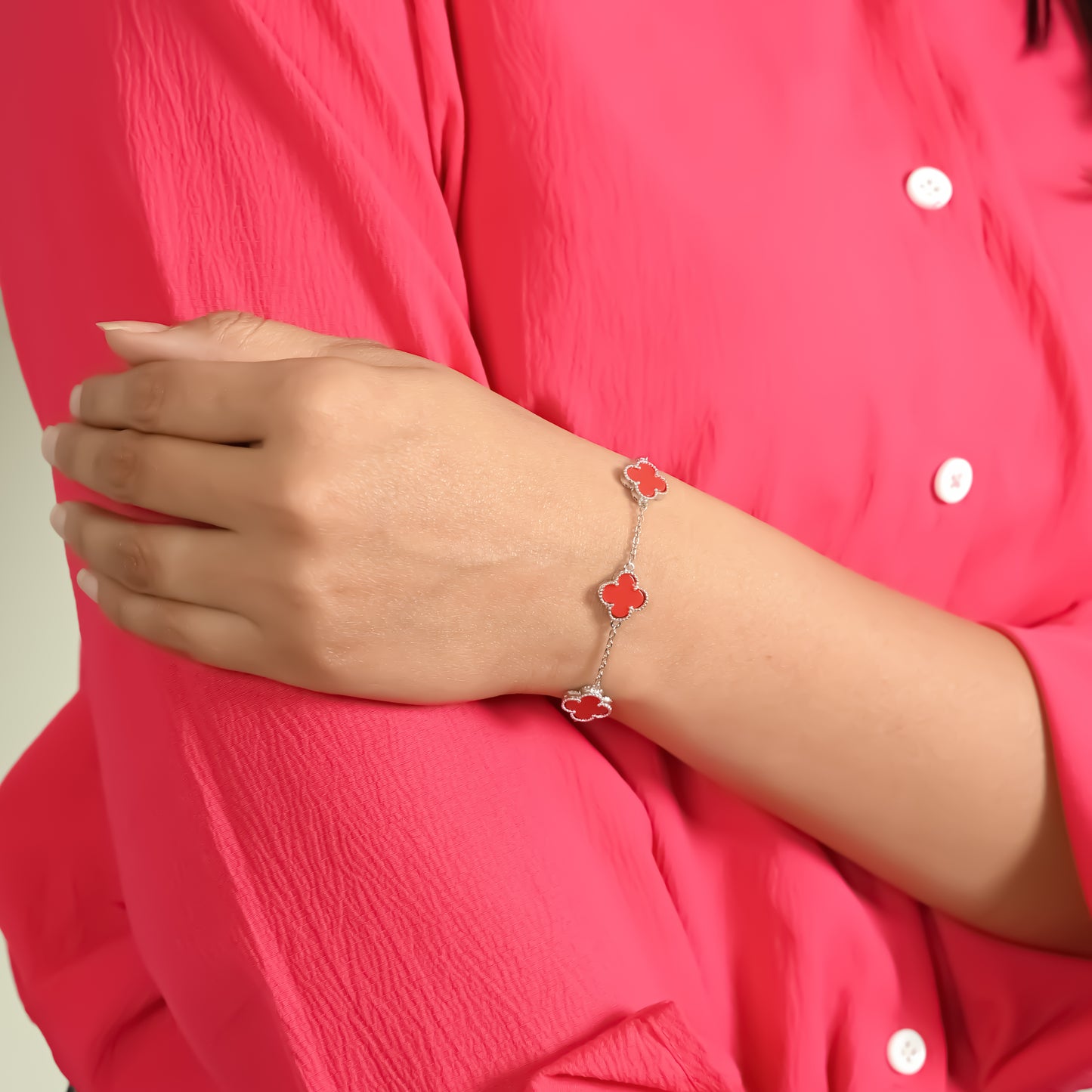 Stylish Silver Bracelet with Red Flower Bud Embellishment