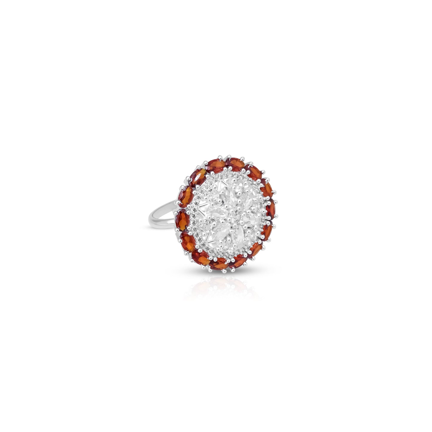 Charming silver flower ring with bold orange gems, designed for girls and women.