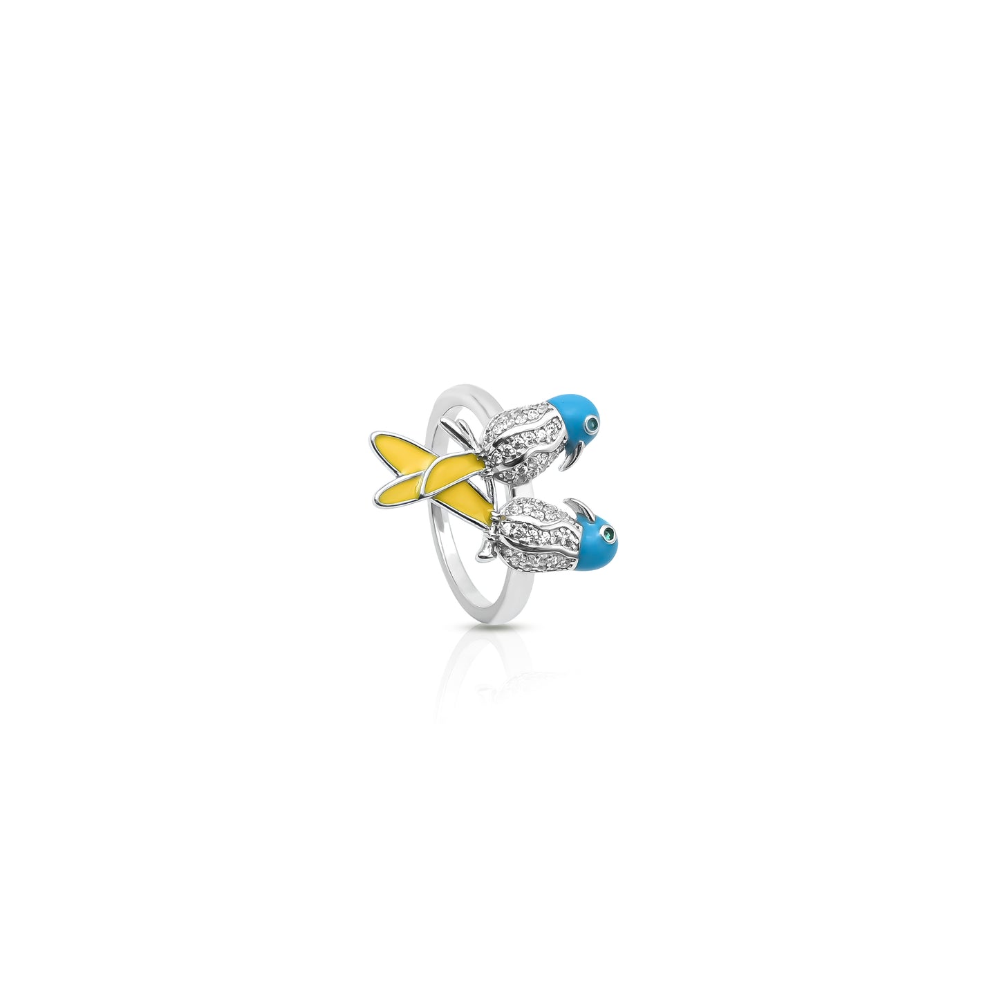 Romantic Silver Ring with Two Birds With yellow Tail, Symbolizing Love & Togetherness