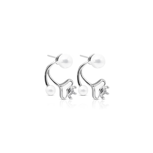 Royal Heart and Crown Silver Earrings with White Moti.