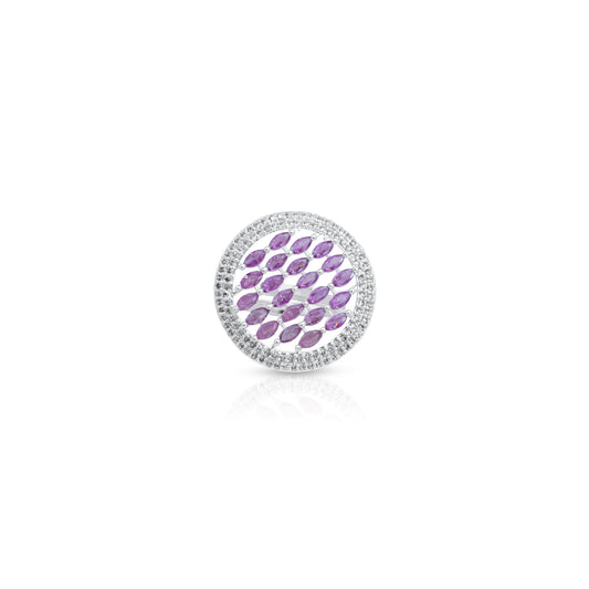 Elegant silver ring with a rounded design and light pink stones, perfect for girls.