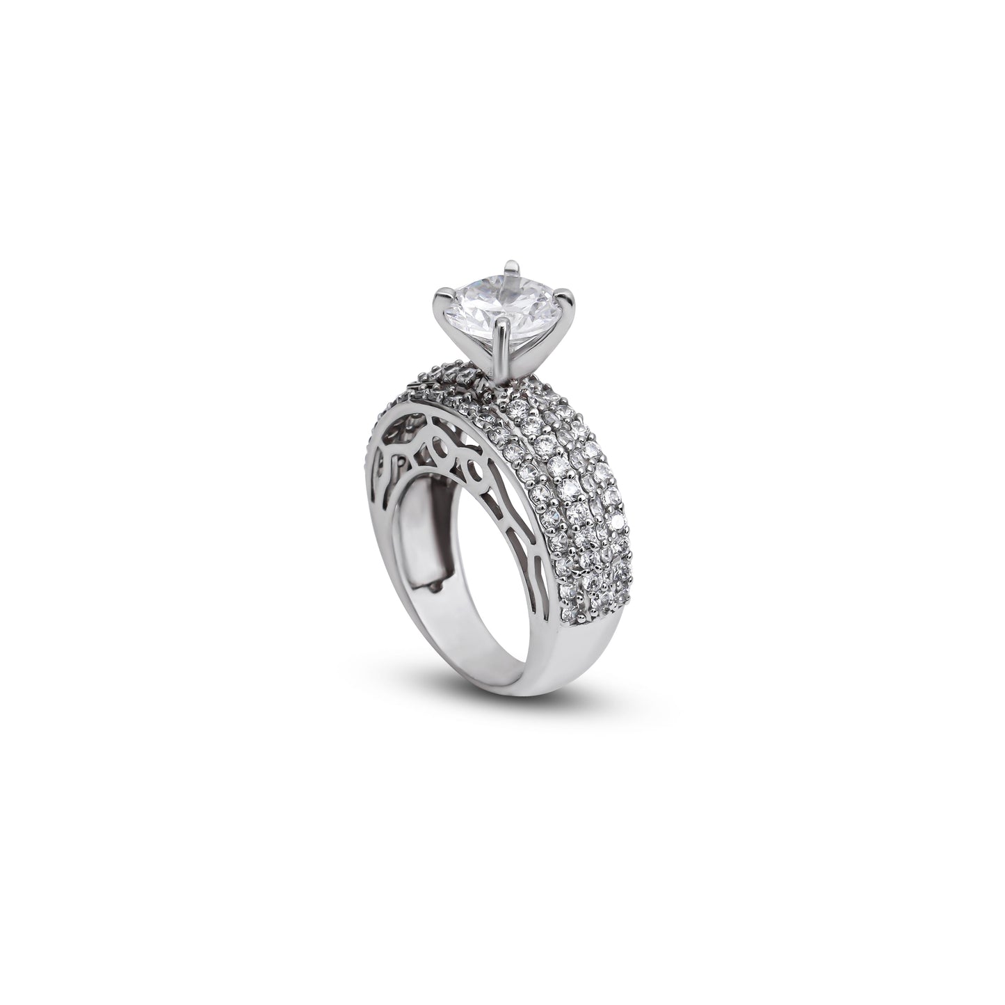 Sophisticated silver band with a bold white gemstone in the center.