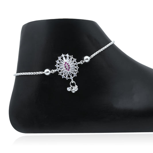 Lightweight Silver Anklet with Pink Stones, White Stone Border & Flower Engraving.