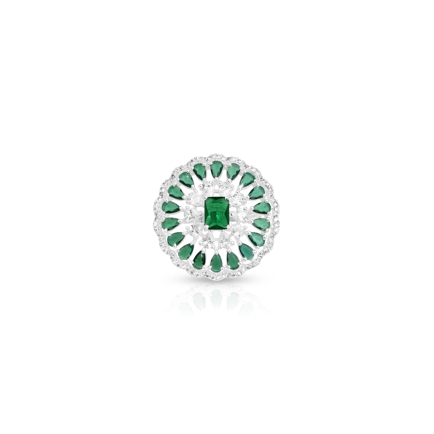 Charming silver ring for women with intricate green stones and a bold center gem.