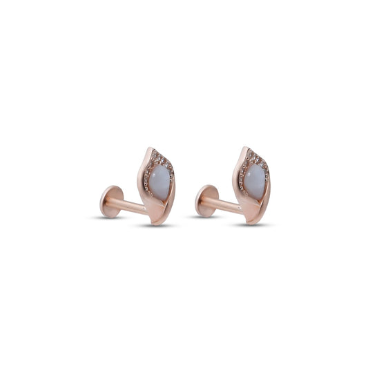 Elegant silver leaf-shaped stud earrings with an opal centerpiece