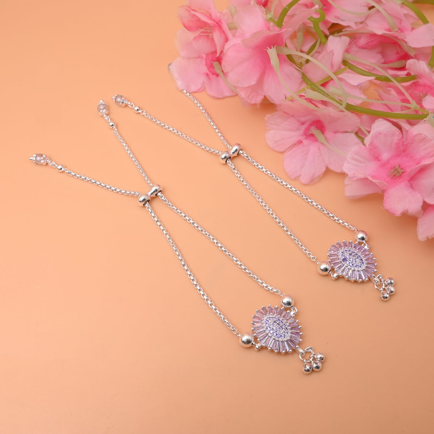 Lightweight Silver Anklet with Purple Stones, White Stone Border & Flower Engraving.