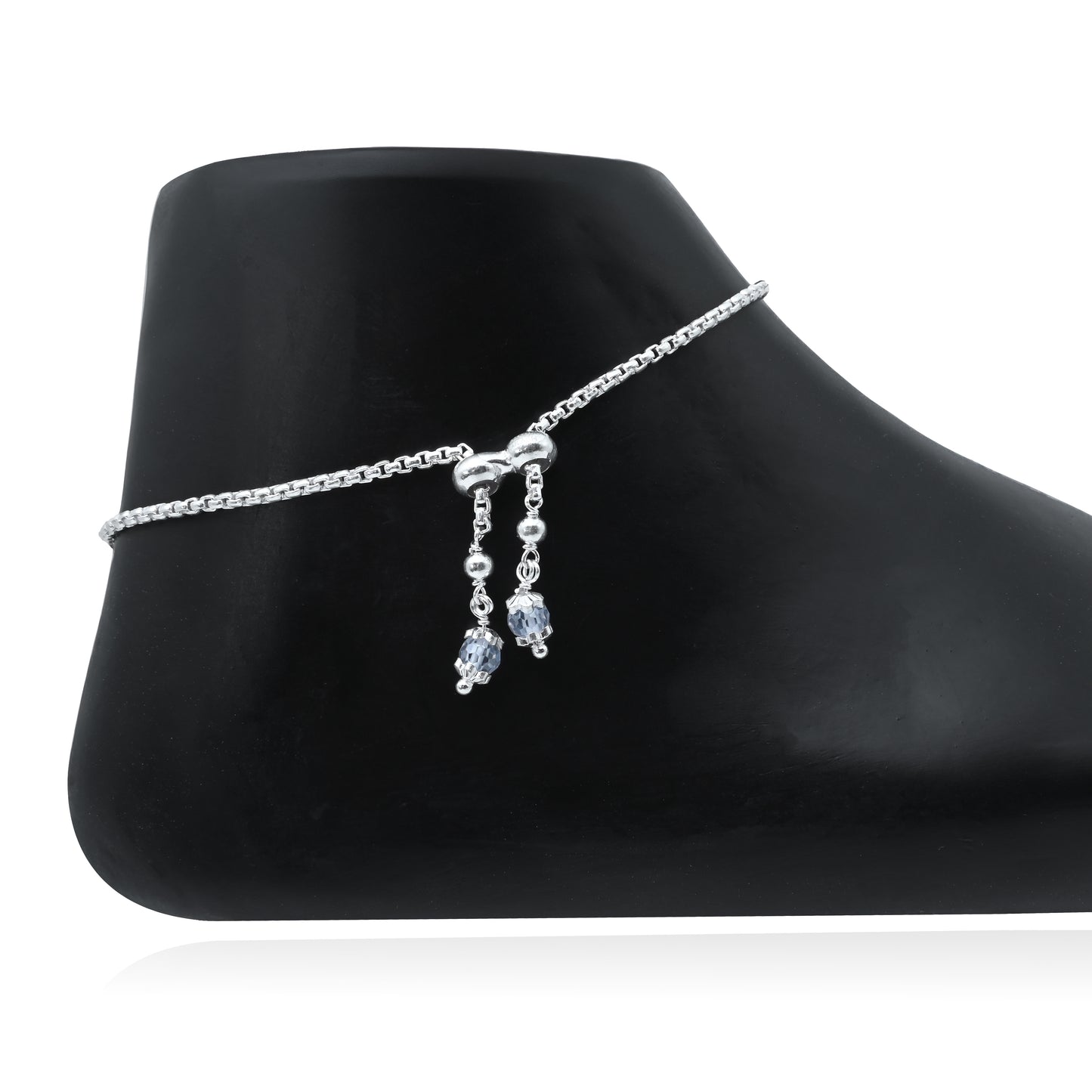 Lightweight Silver Anklet with Purple Stones, White Stone Border & Flower Engraving.