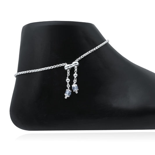 Lightweight Silver Anklet with Purple Stones, White Stone Border & Flower Engraving.