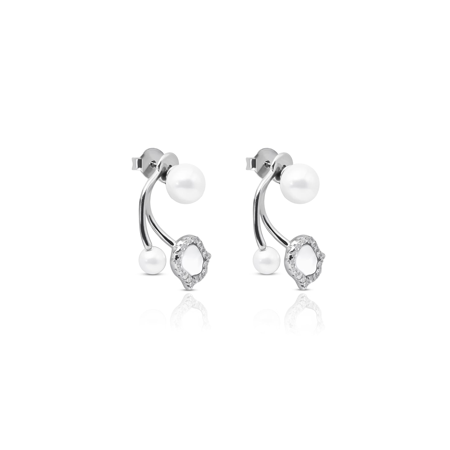 Stylish Silver Earrings with White Moti and Floral Accent.