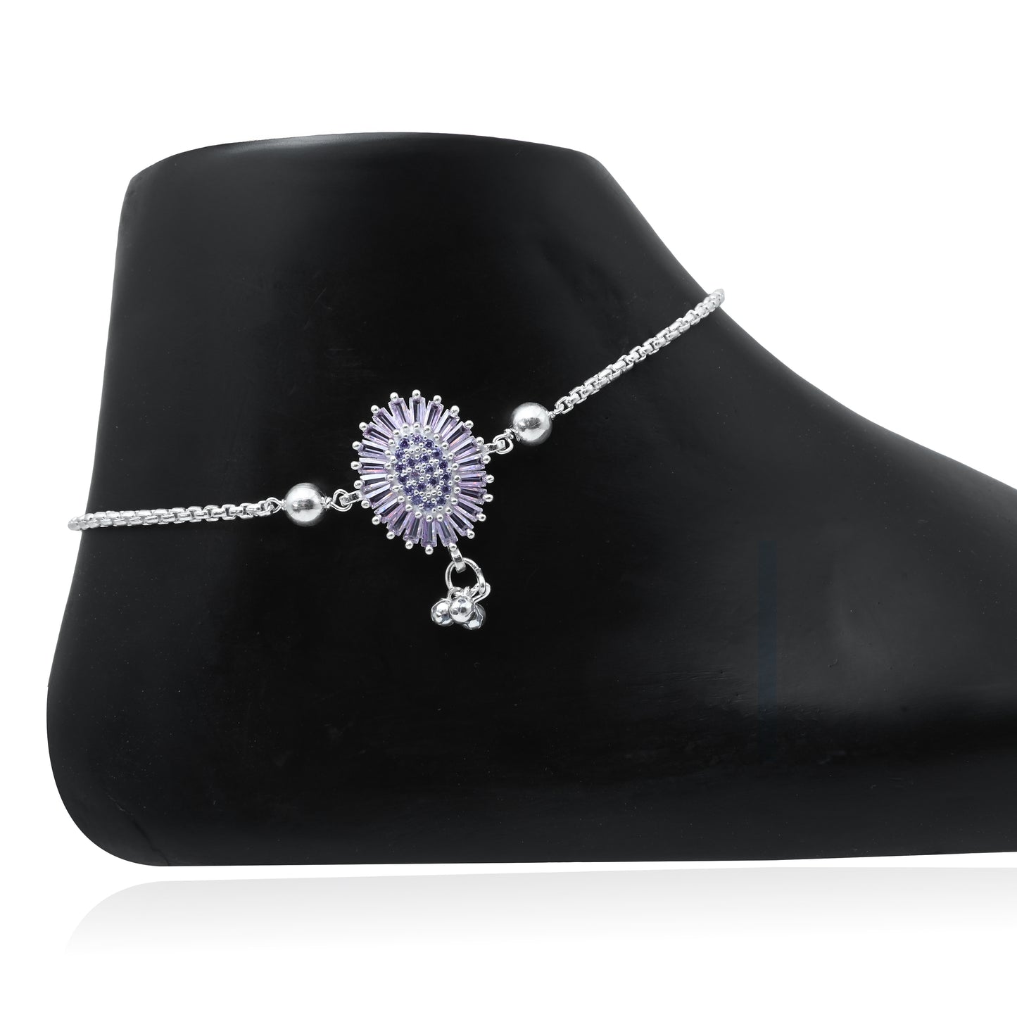 Lightweight Silver Anklet with Purple Stones, White Stone Border & Flower Engraving.