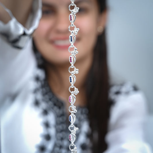 Sterling Silver Anklet with Vibrant Pink and Blue Stone Details