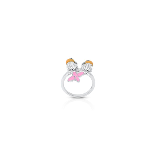 Romantic Silver Ring with Two Birds With Pink Tail, Symbolizing Love & Togetherness.