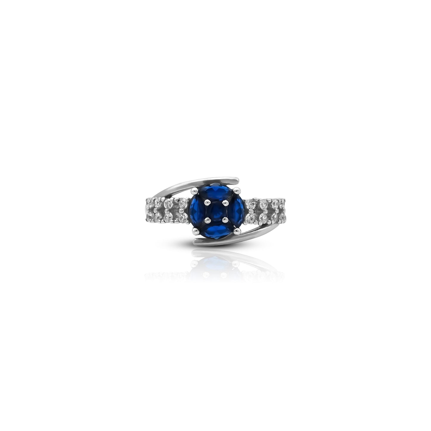 Luxury silver ring featuring a stunning blue stone and intricate white stone details