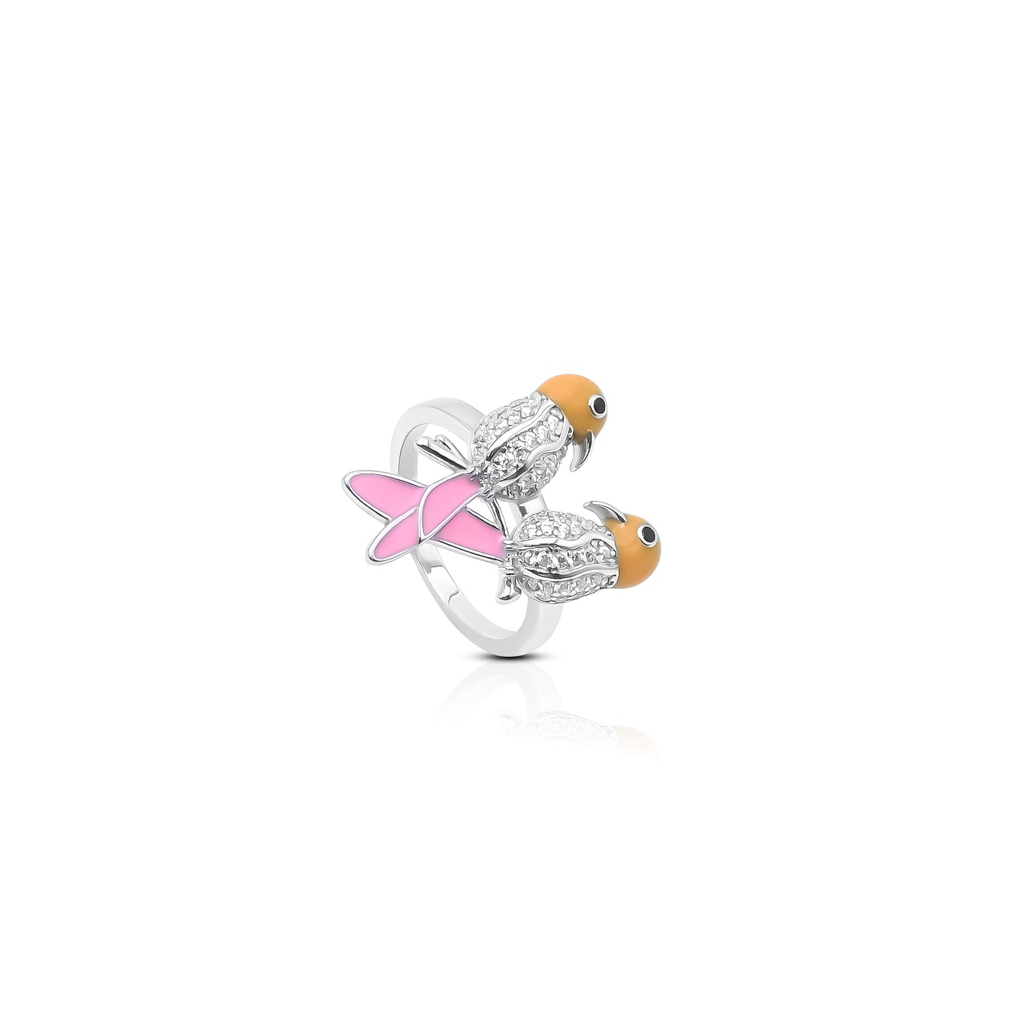 Romantic Silver Ring with Two Birds With Pink Tail, Symbolizing Love & Togetherness.