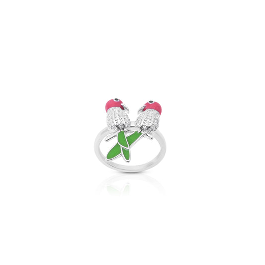 Romantic Silver Ring with Two Birds With Green Tail, Symbolizing Love & Togetherness.