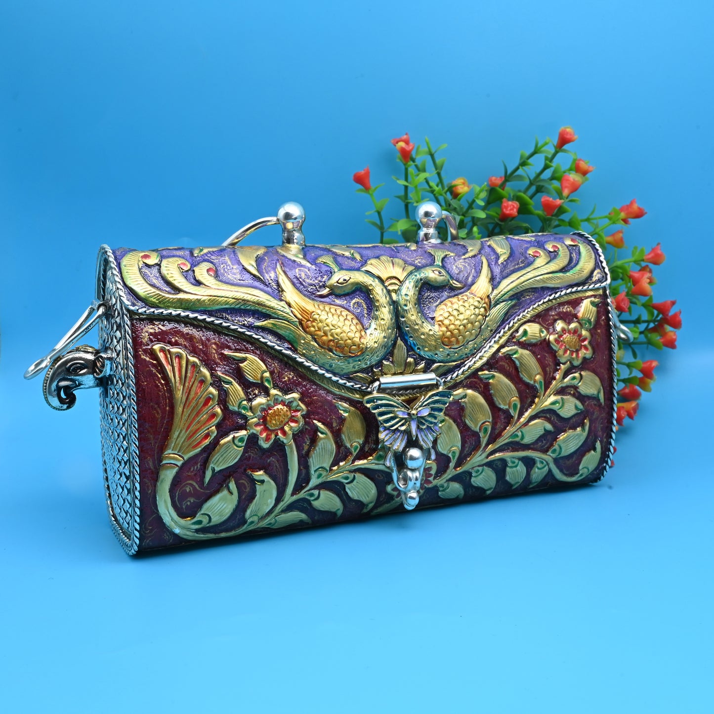 Handcrafted Silver Purse for Women with Peacock and Floral Art
