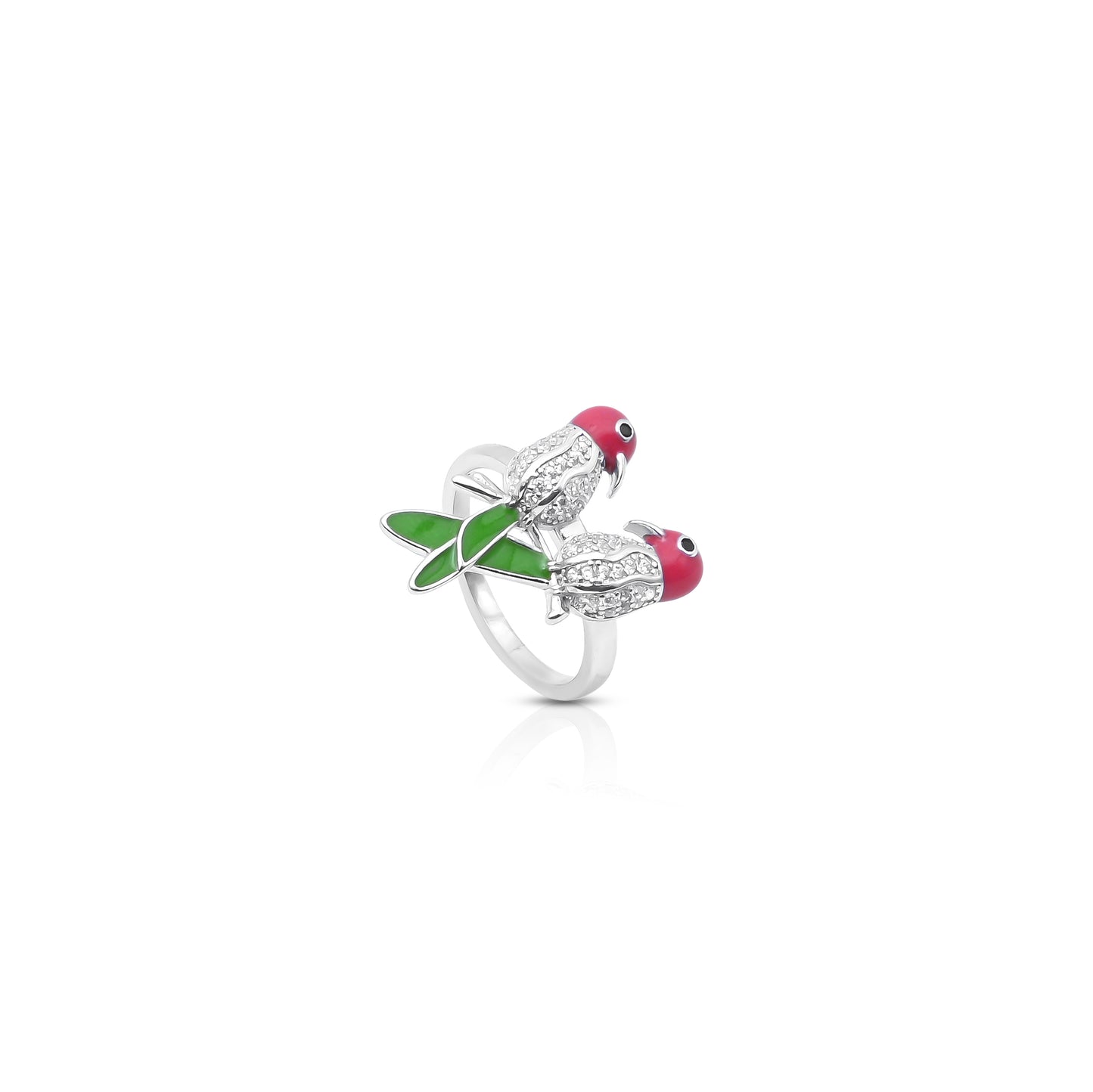 Romantic Silver Ring with Two Birds With Green Tail, Symbolizing Love & Togetherness.