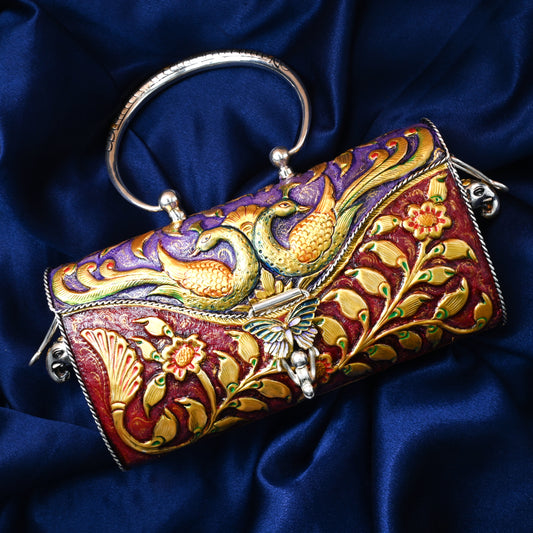 Handcrafted Silver Purse for Women with Peacock and Floral Art