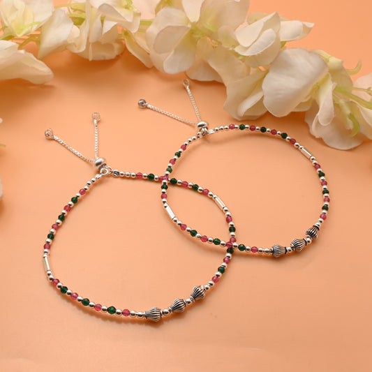 Silver Anklet with Stunning Red-Green Moti and Silver Buds – Elegant Look