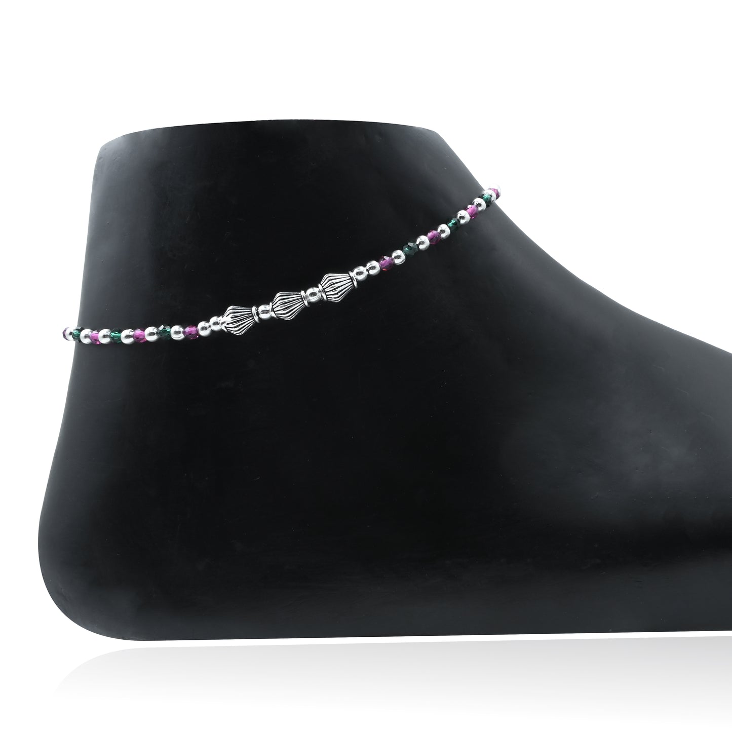 Silver Anklet with Stunning Red-Green Moti and Silver Buds – Elegant Look