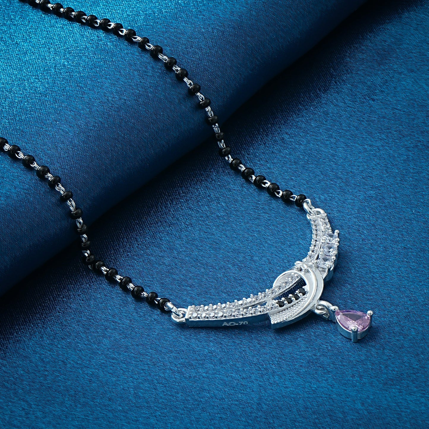 Traditional Black Beaded Silver Mangalsutra with Purple Gemstone