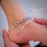 Load image into Gallery viewer, Stylish silver anklet featuring colorful stones and leaf details.