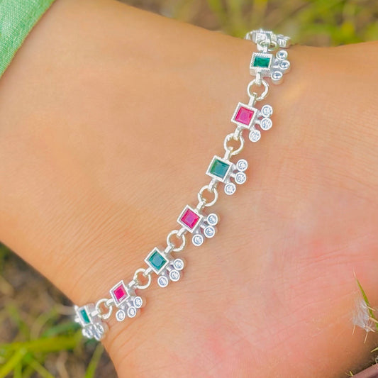 Silver Anklet with Vibrant Green and Pink Square Stones