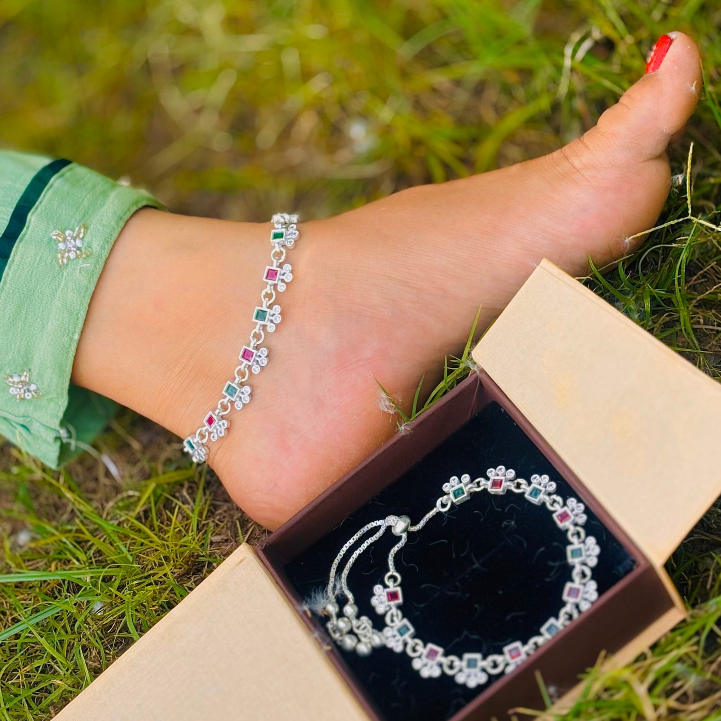 Silver Anklet with Vibrant Green and Pink Square Stones