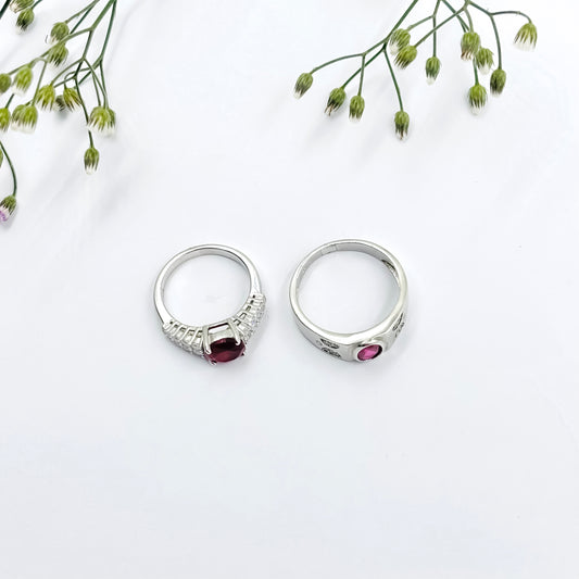Stylish Silver Couple Rings with Radiant Pink Stone in the Middle.