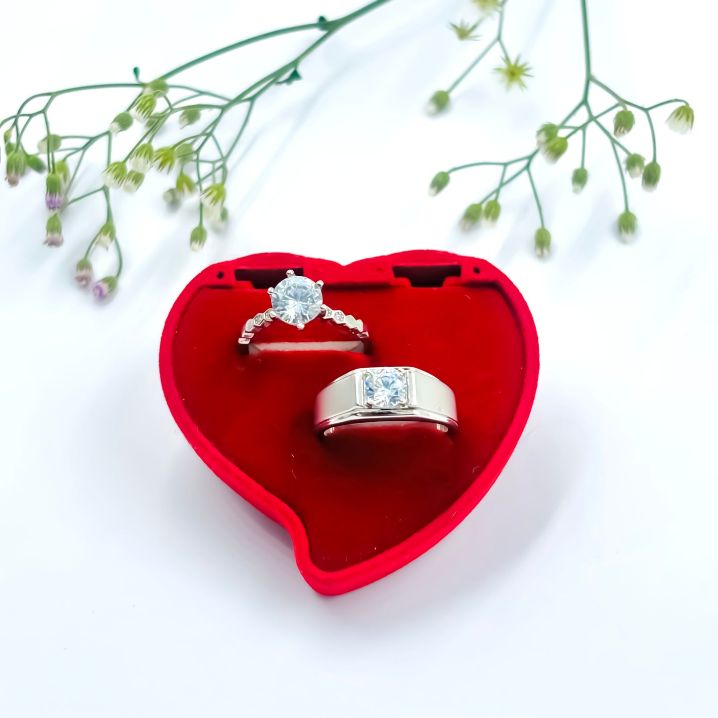 Stunning Silver Couple Rings with a Gorgeous Large White Gemstone.