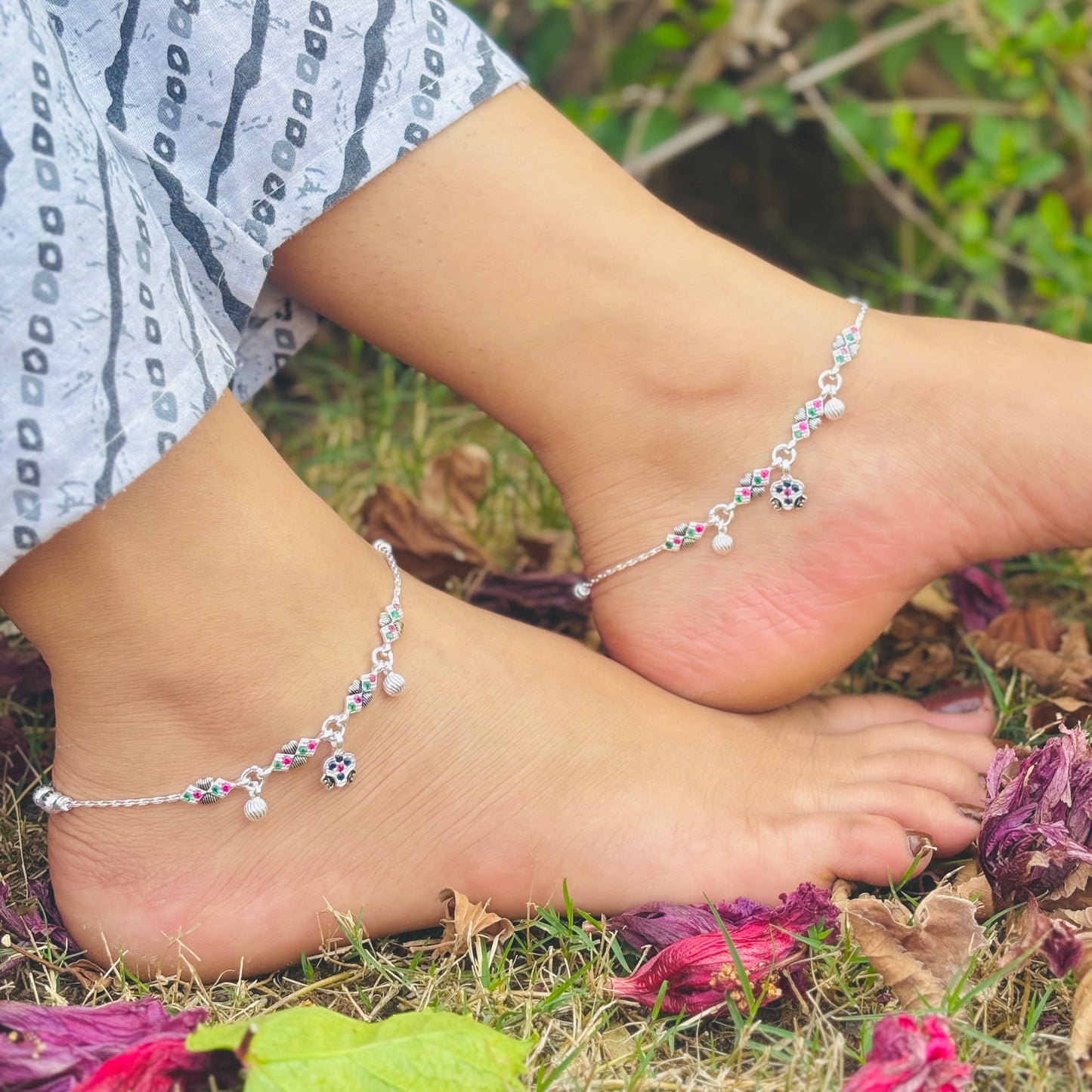 Modern Silver Anklet with Minimal Silver Bud Accents.