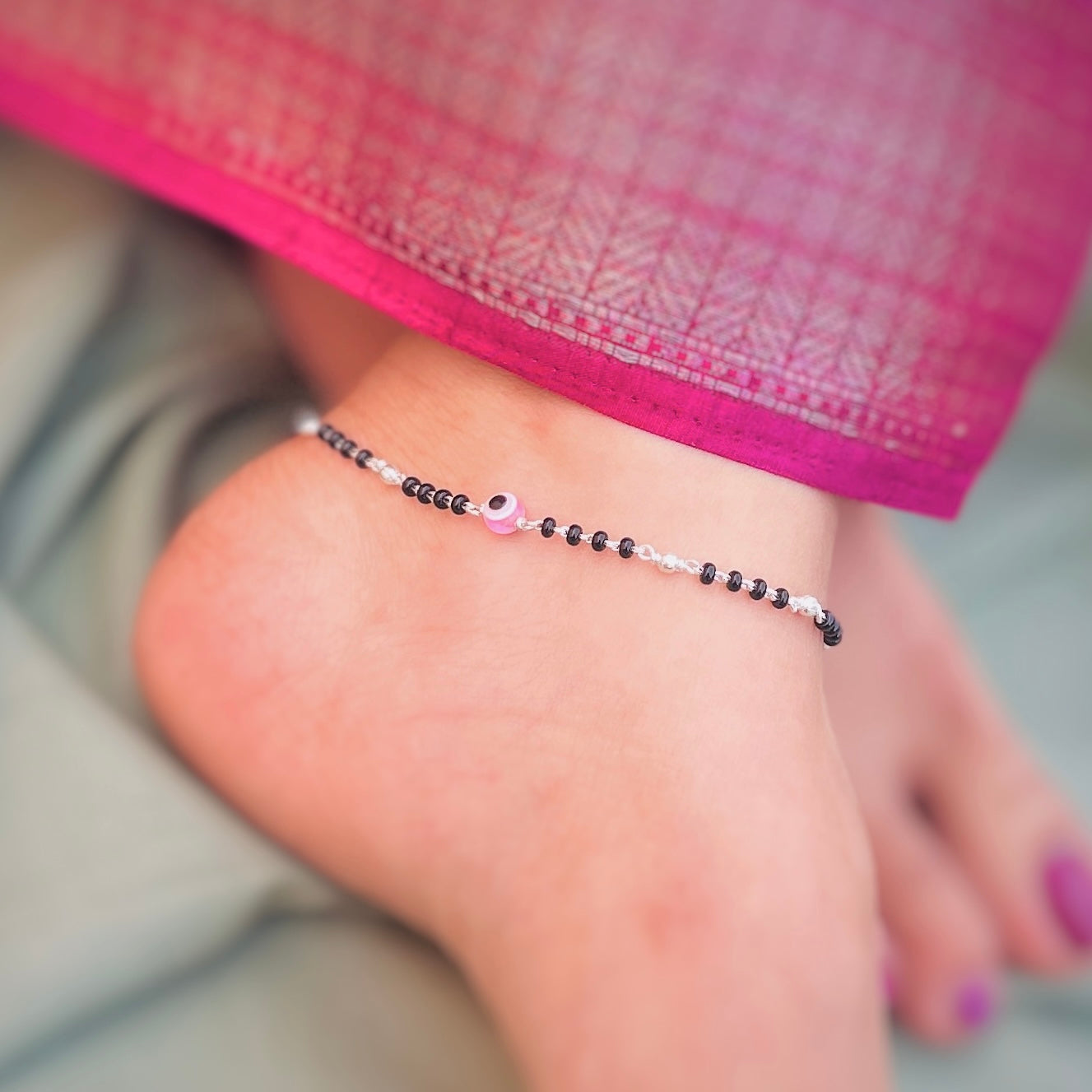 Elegant Silver Charm Anklet with Black Moti and Beads