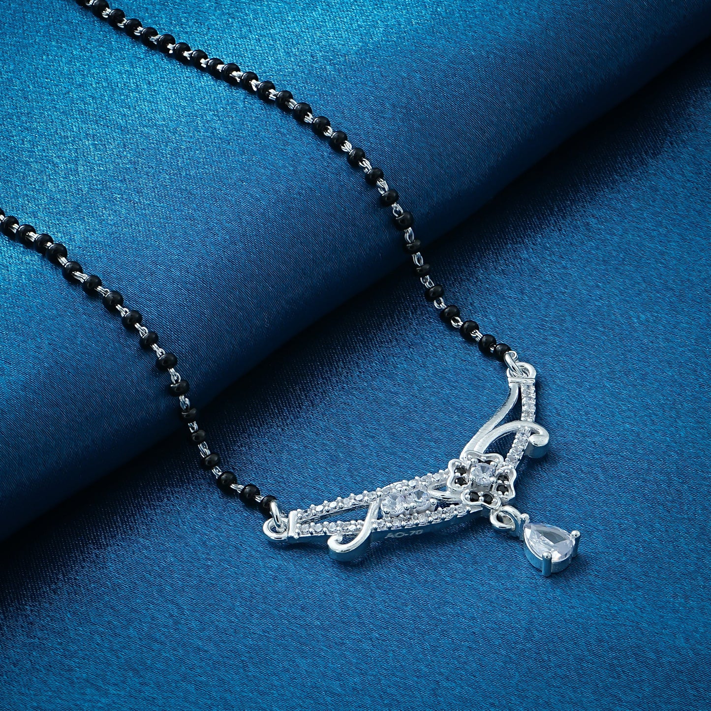 Exquisite Floral Design Silver Mangalsutra with White Gemstone