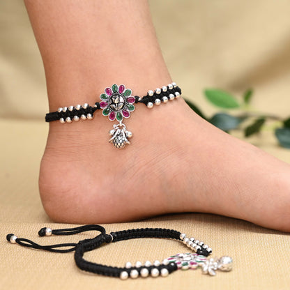 Stylish Silver Dhaga Anklet with Flower, Red-Green Stone Embellishments, Ghungroo