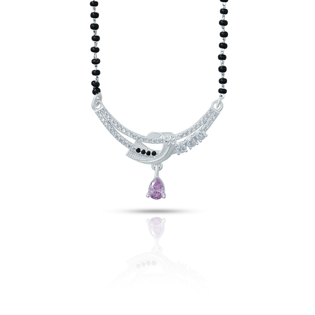 Elegant silver mangalsutra with black beads and a striking purple gemstone