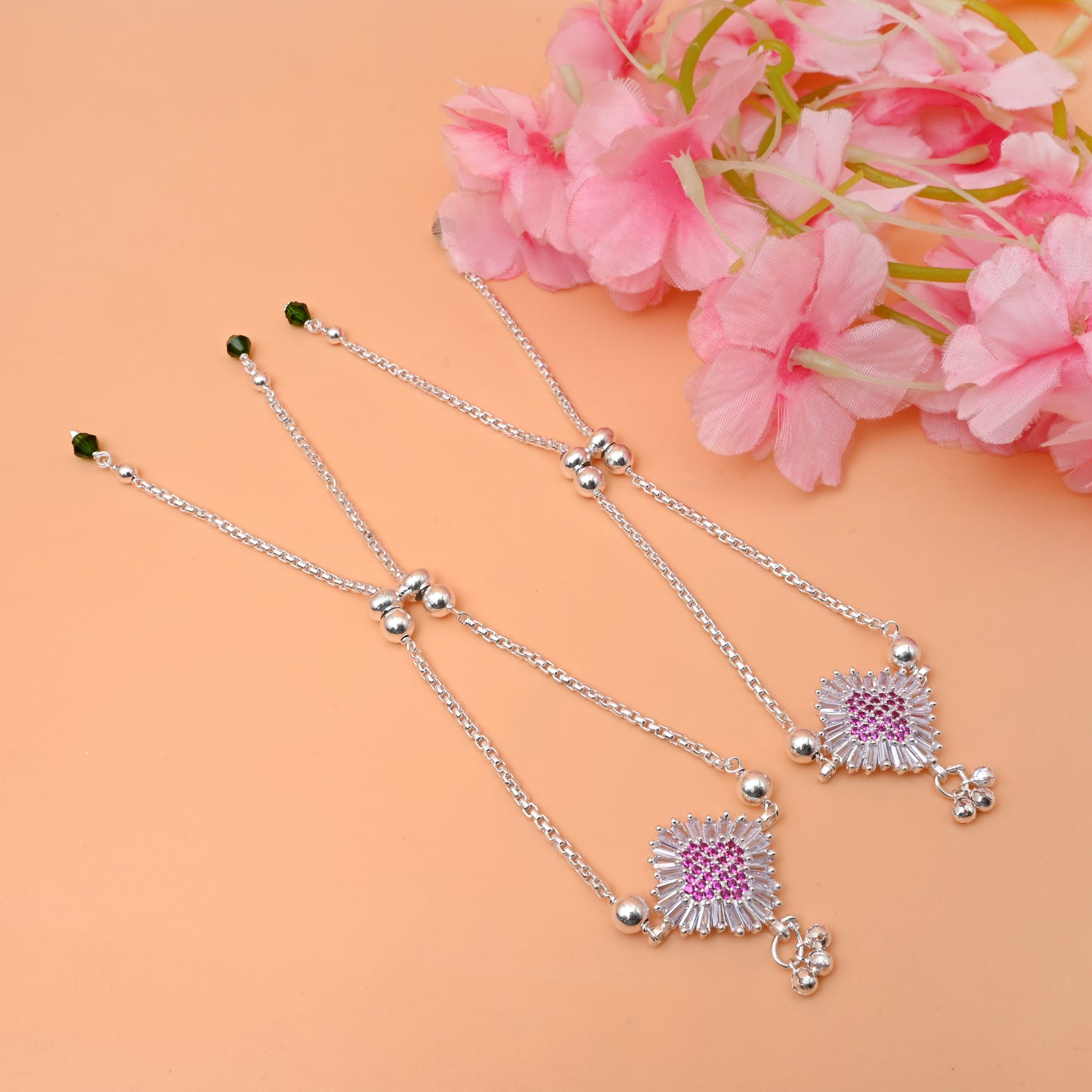 Sterling Silver Anklet with Pink Stones and Floral Engraving – Elegant & Lightweight.